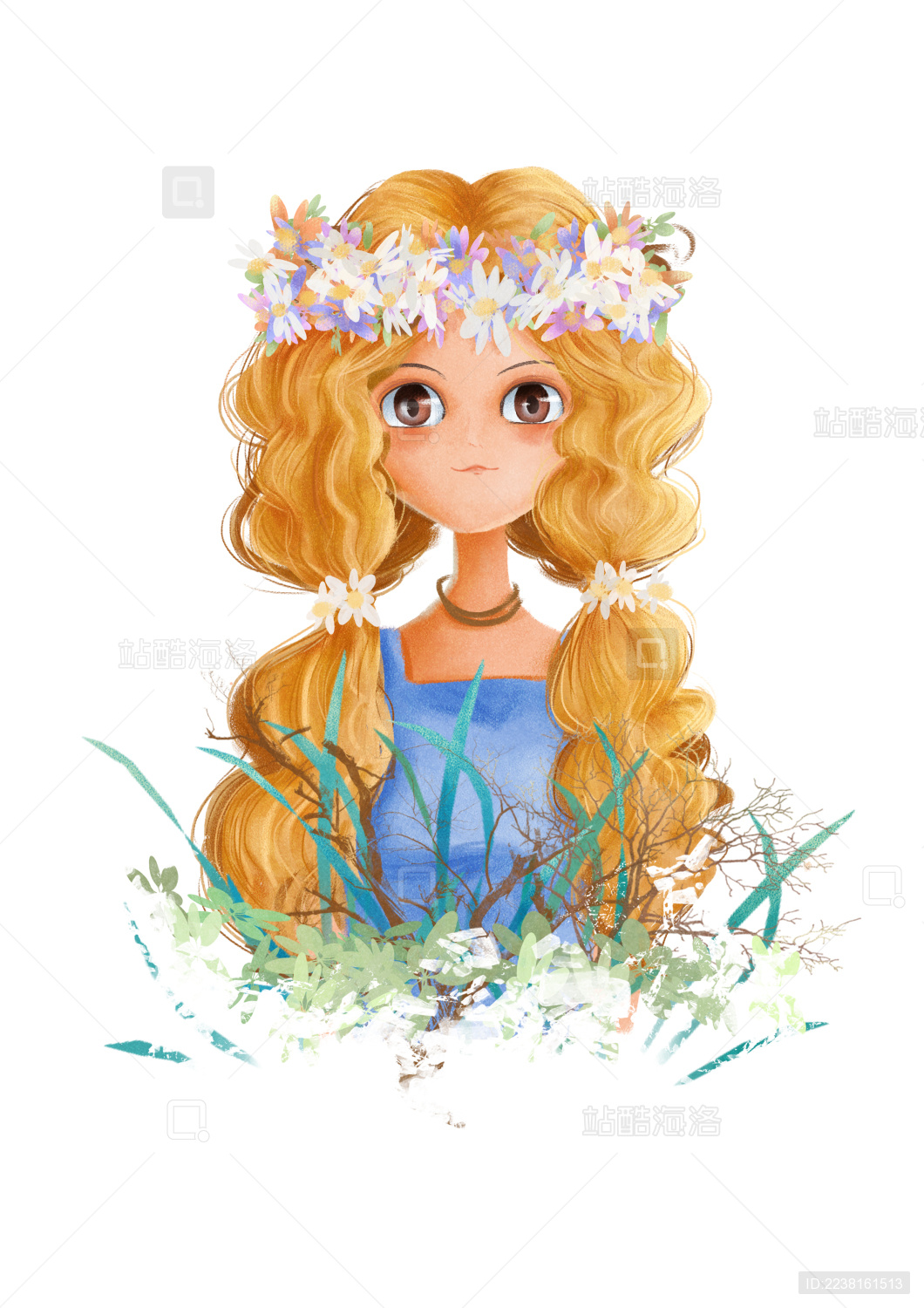 戴花环的美丽长发女孩头像