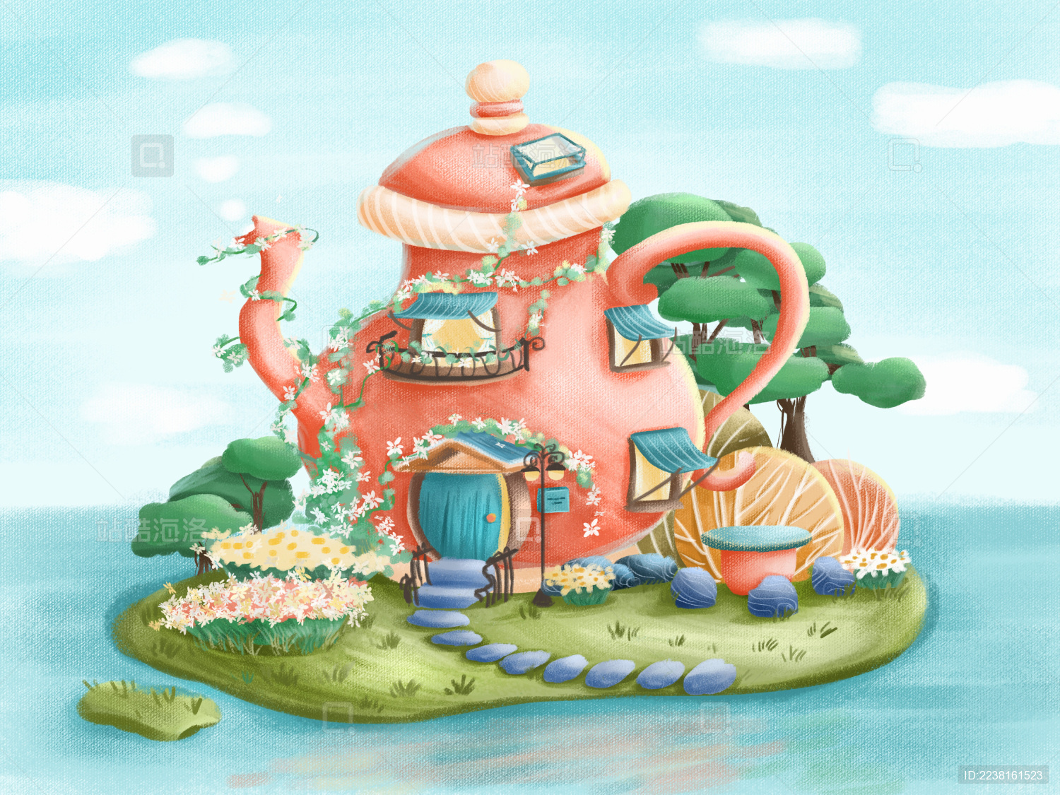小岛上的粉色茶壶小屋建筑插画