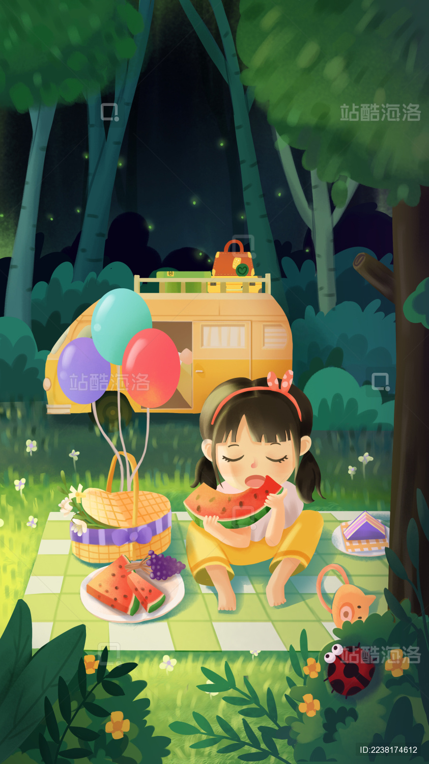 小女孩在树林野餐吃着西瓜