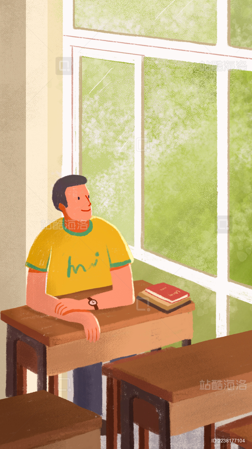 夏天坐在教室里望向窗外的男生插画