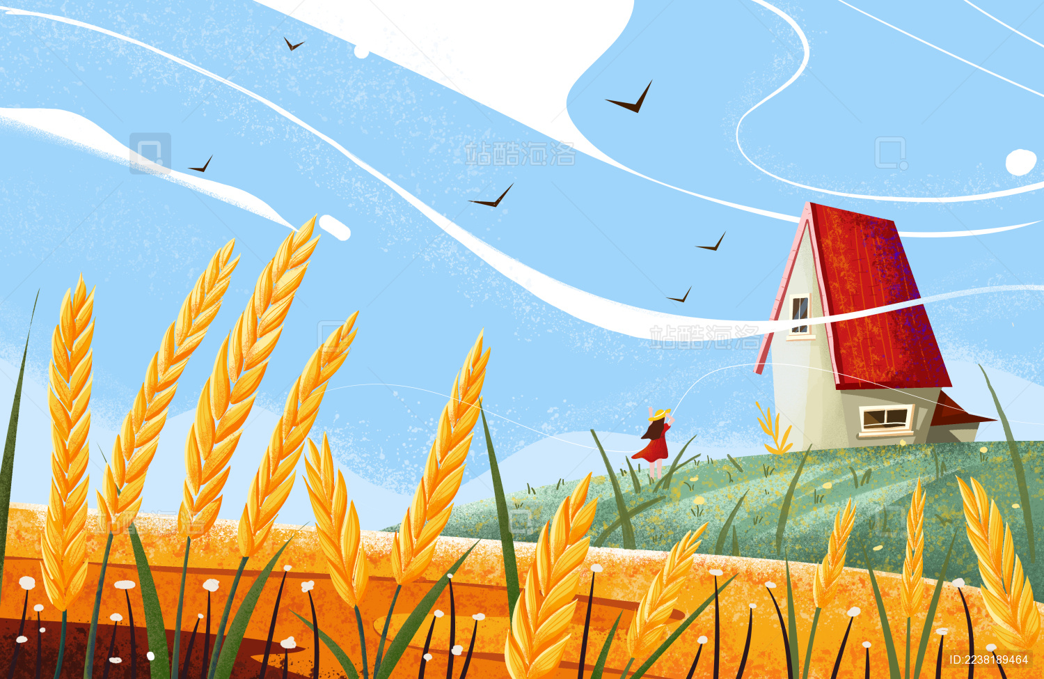 蓝天白云下的青草地小房子谷物