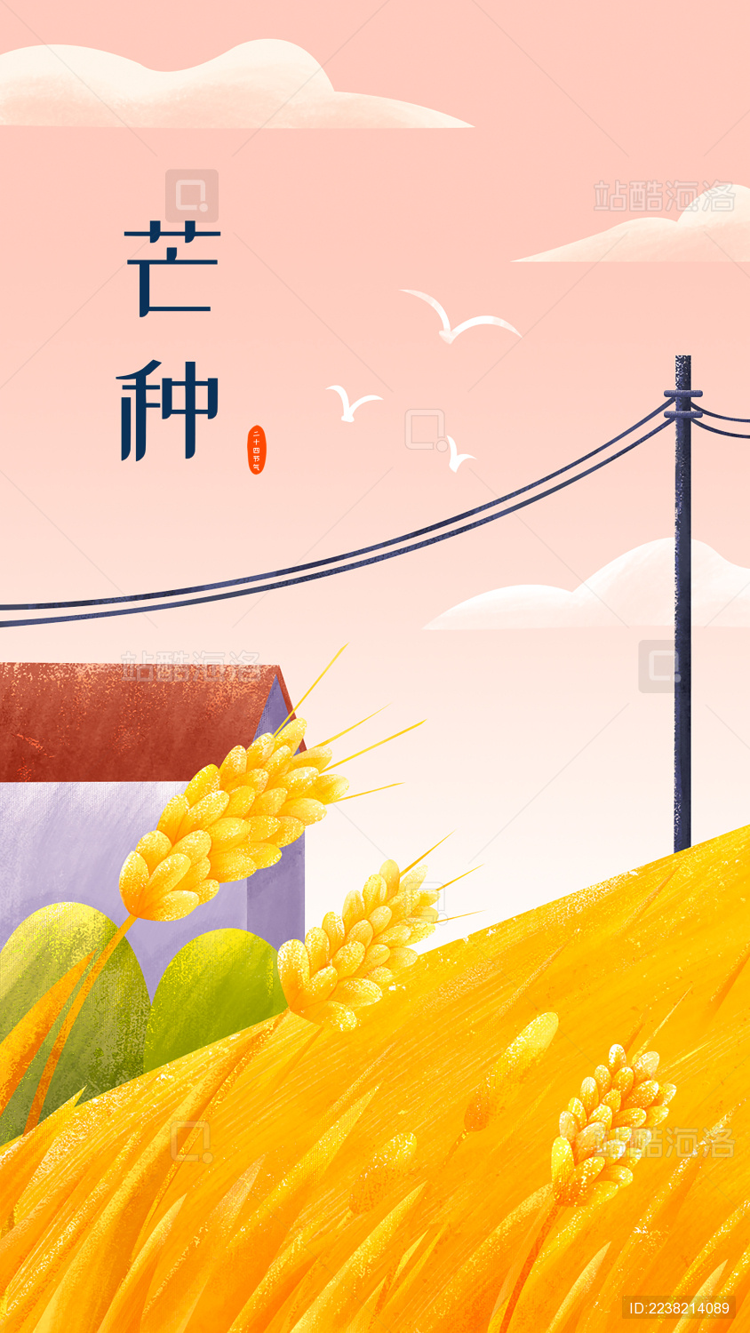 插画芒种节气秋天金黄色凉爽六月麦田麦穗