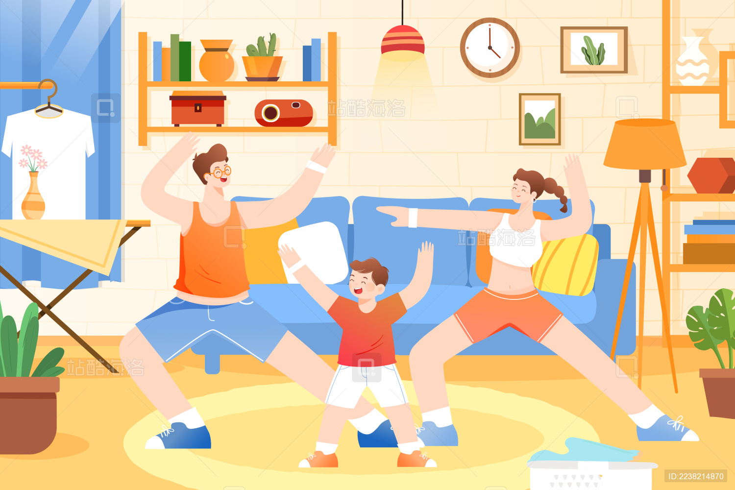 家人做运动矢量插画