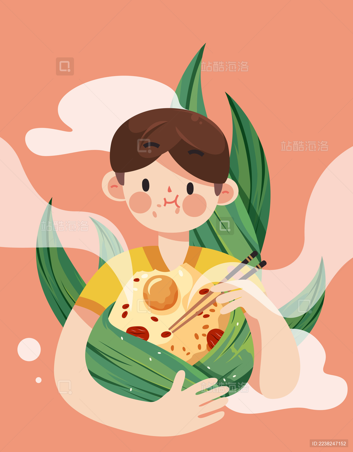 端午节男孩抱着吃粽子插画