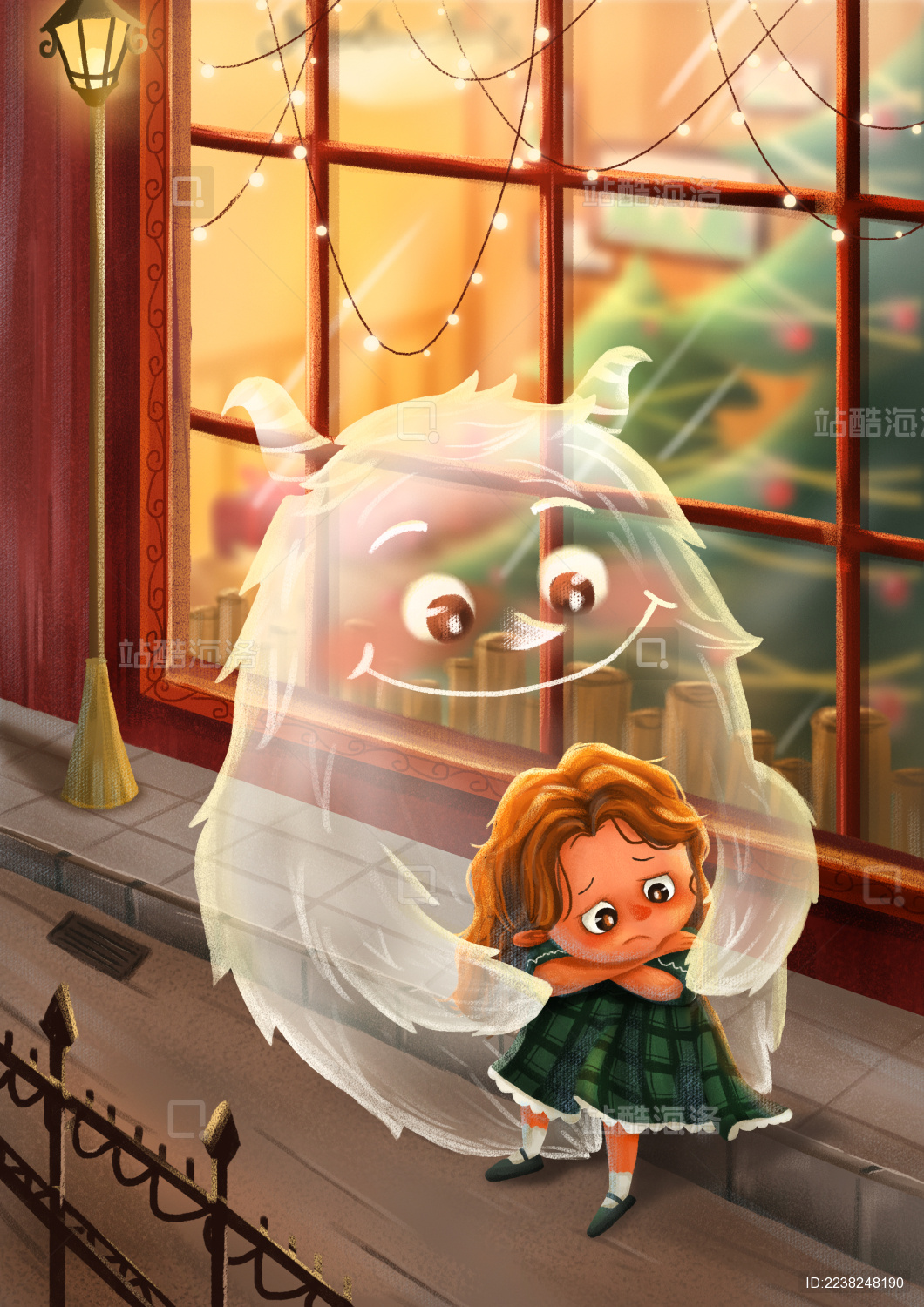 英伦风节日可爱卡通小女孩和怪兽治愈系插画