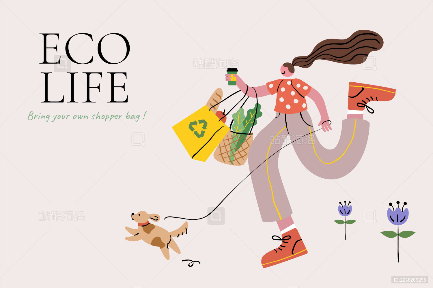 零浪费生活使用环保杯与购物袋扁平插图