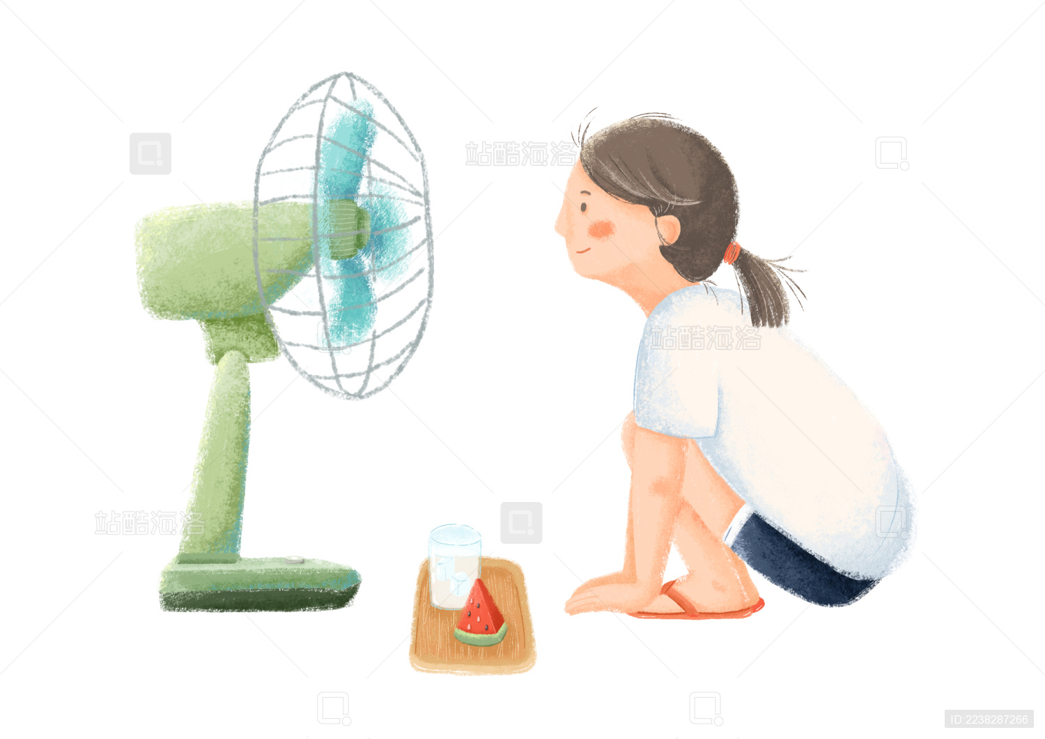 小女孩在吹着风扇旁边有西瓜和冰水