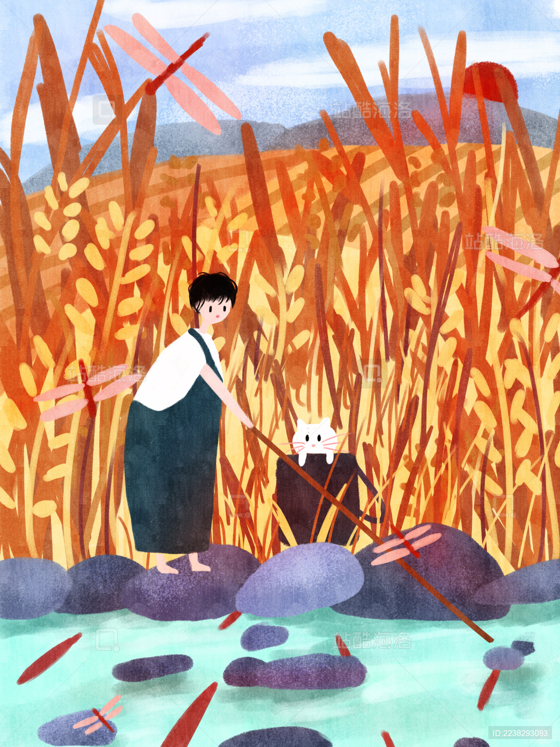 芒种时节捉鱼的小男孩