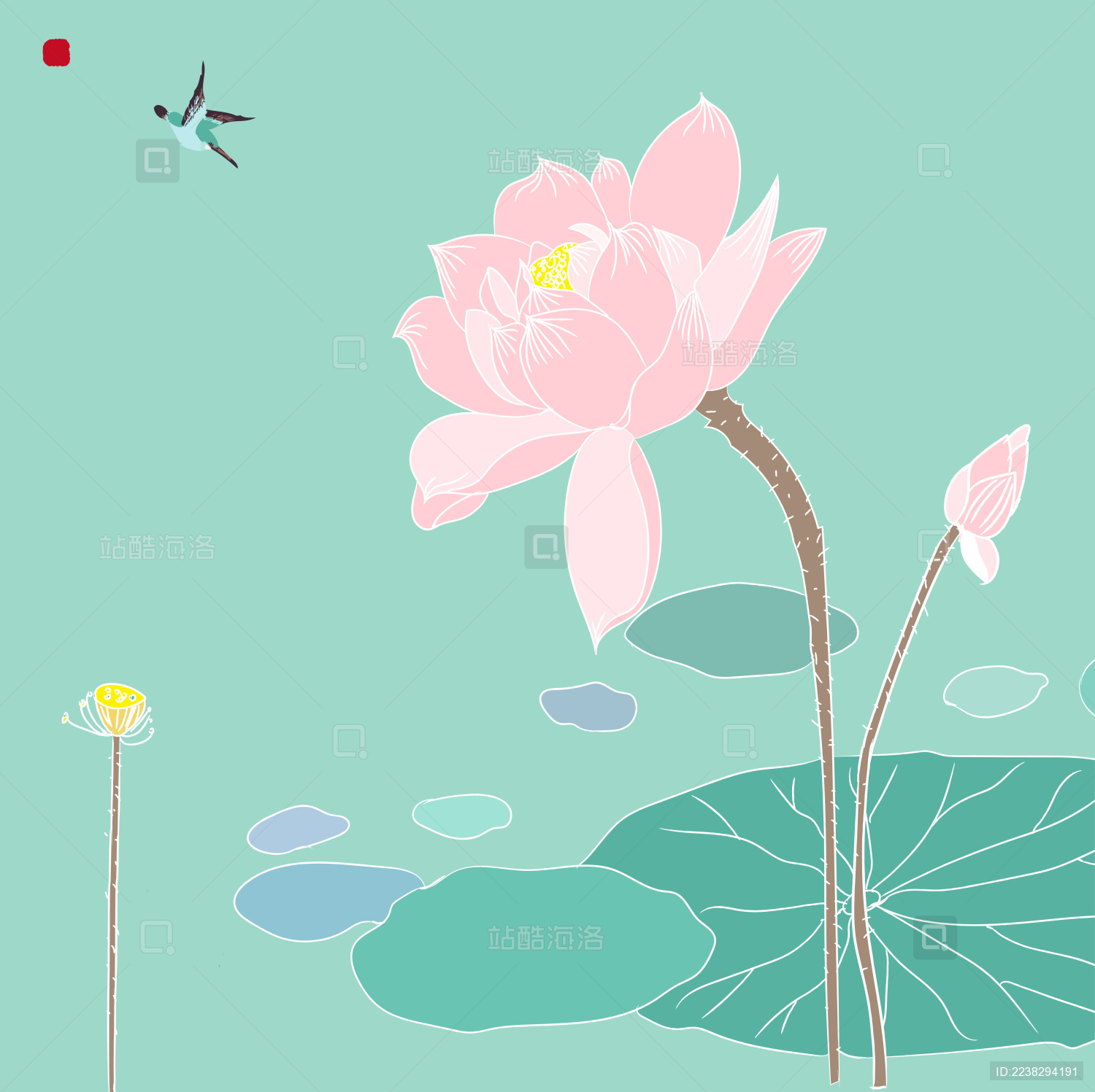 中国古典 莲花 荷花水鸟白描工笔矢量手绘