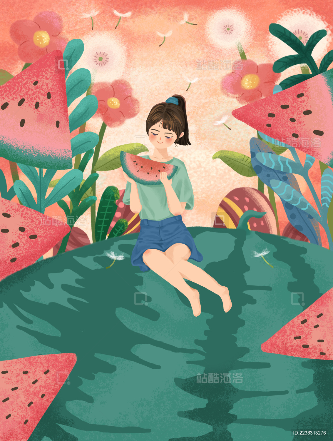 夏天吃西瓜消暑的女孩