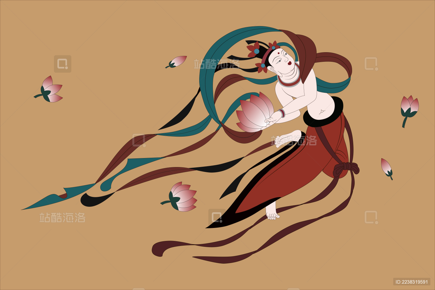 敦煌壁画献花飞天矢量图