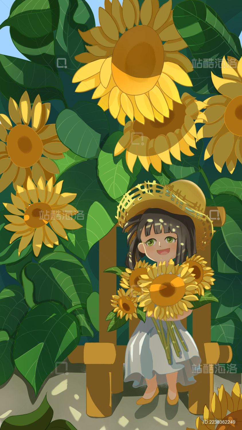 女孩坐在一大片向日葵下乘凉