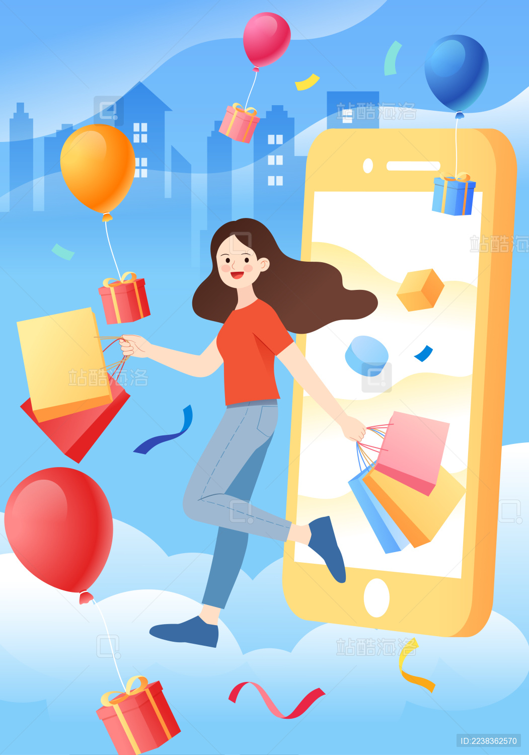 手机购物女性和气球城市背景