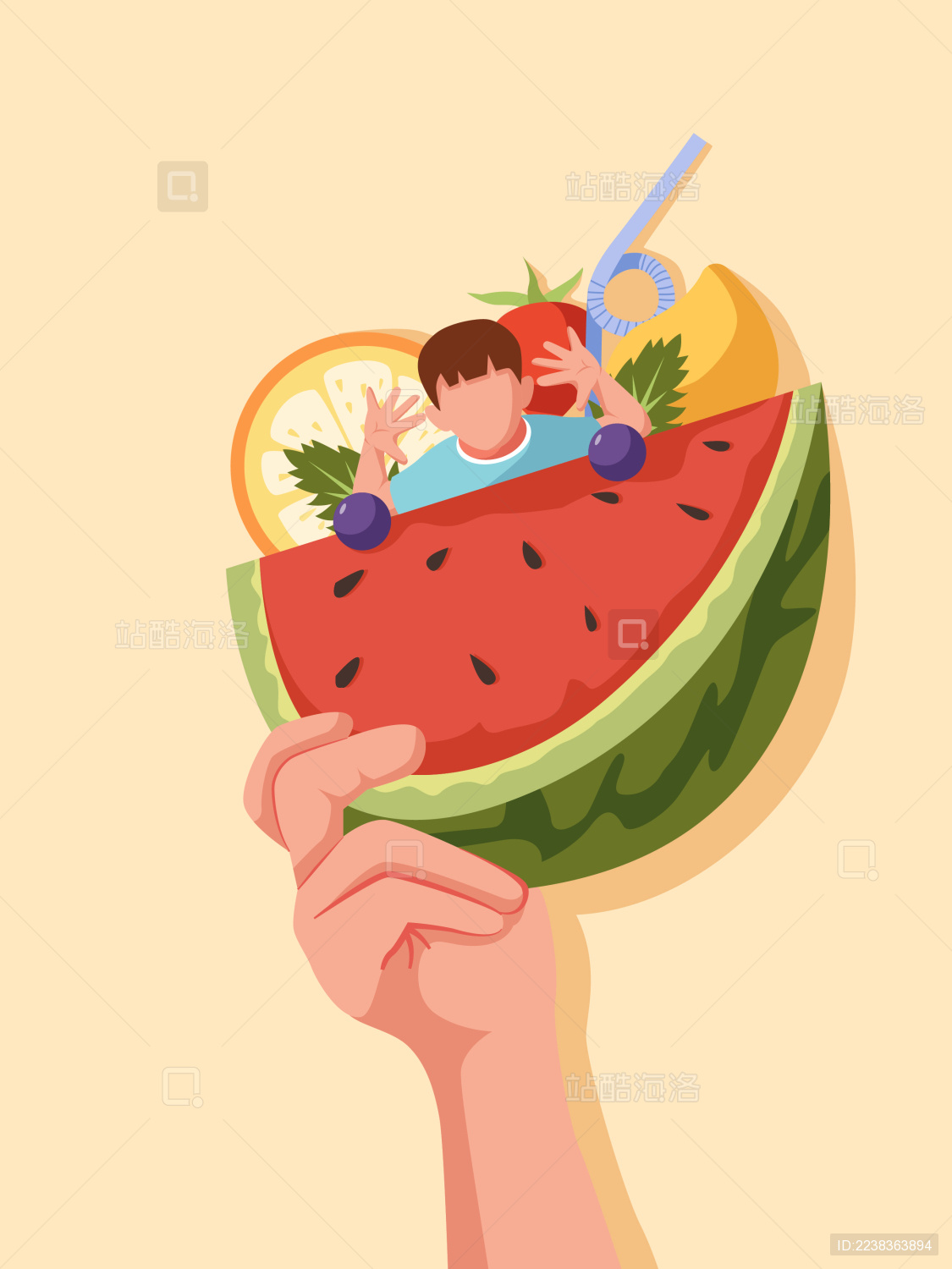 手拿西瓜矢量插画