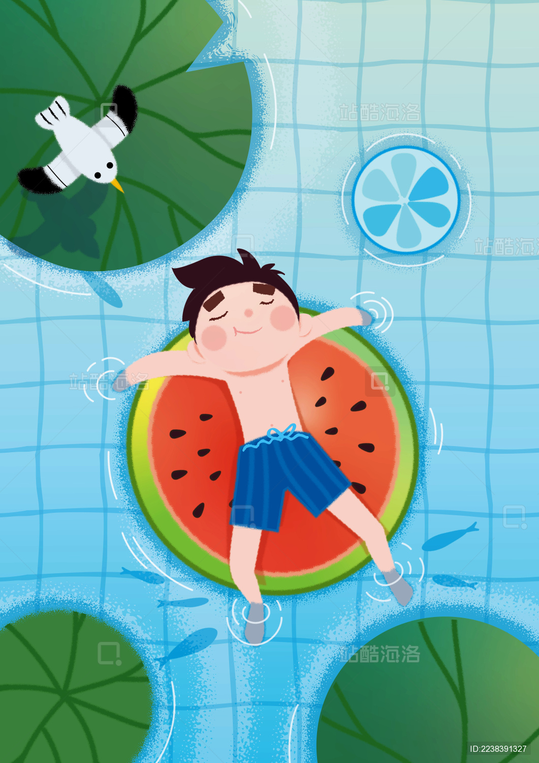 男孩游泳池24节气小暑海报插画