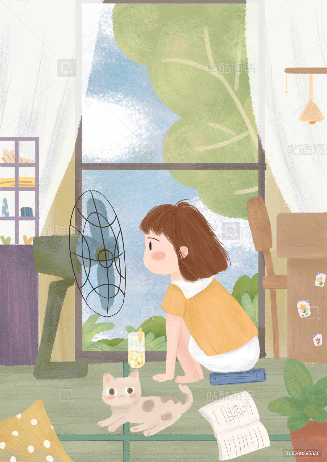 夏天女孩在家吹风扇