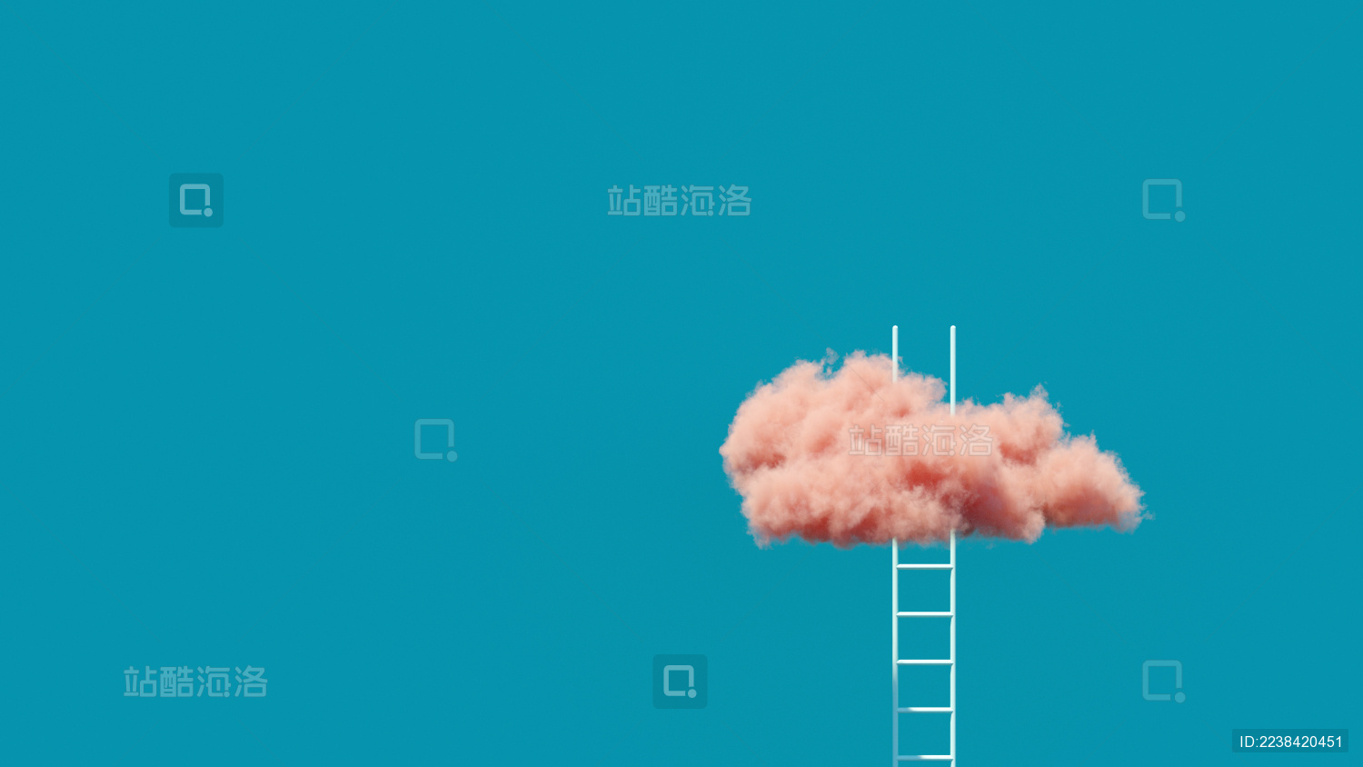 三维渲染伸入云端的梯子在纯色背景前