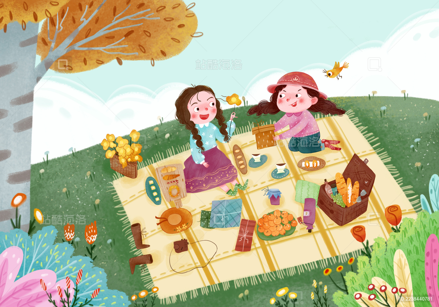 两个女孩在山坡上野餐 板绘厚涂