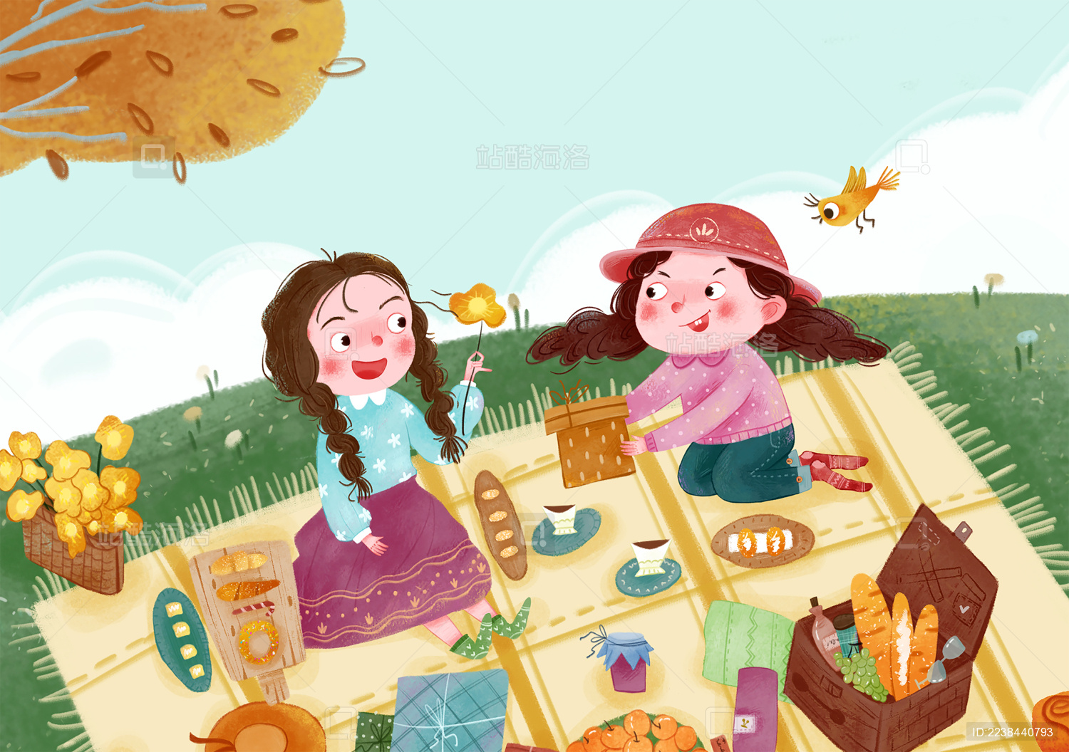 两个女孩在山坡上野餐 板绘厚涂