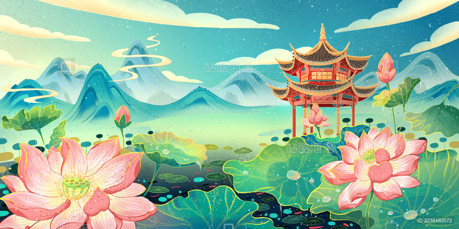 新国风山水荷花湖心亭图