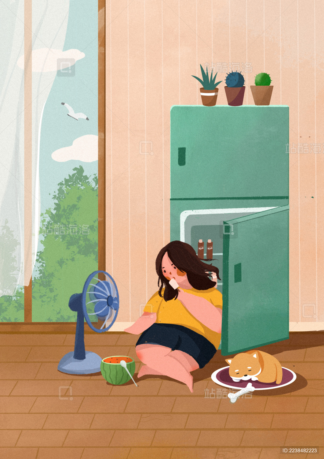 吃着雪糕吹着风扇的小女孩