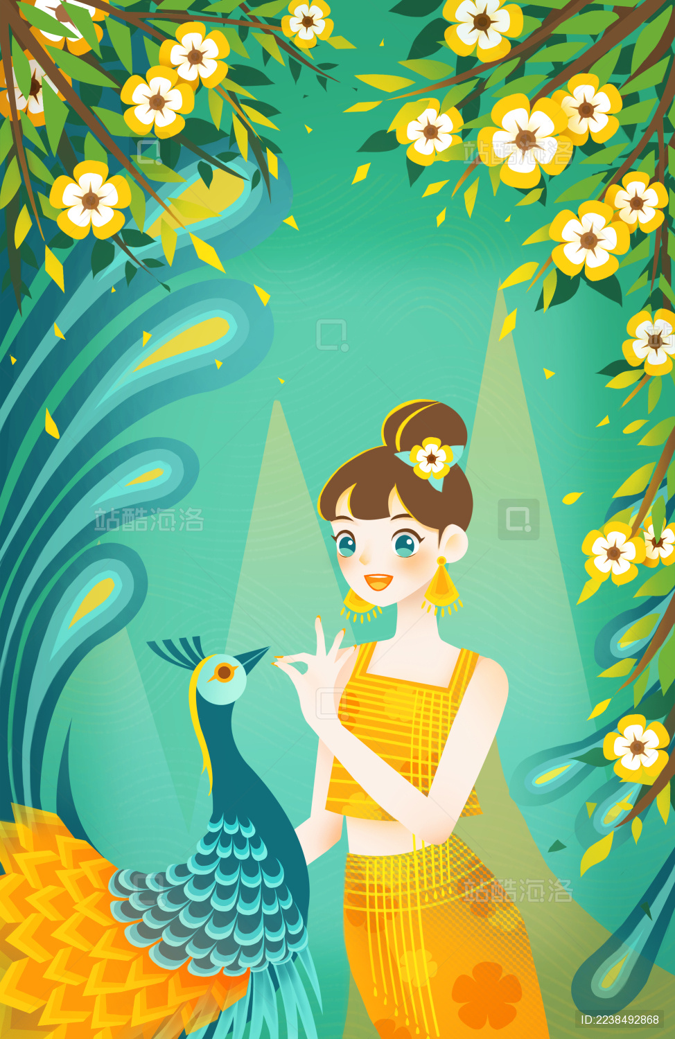 花丛中与孔雀互动的少女