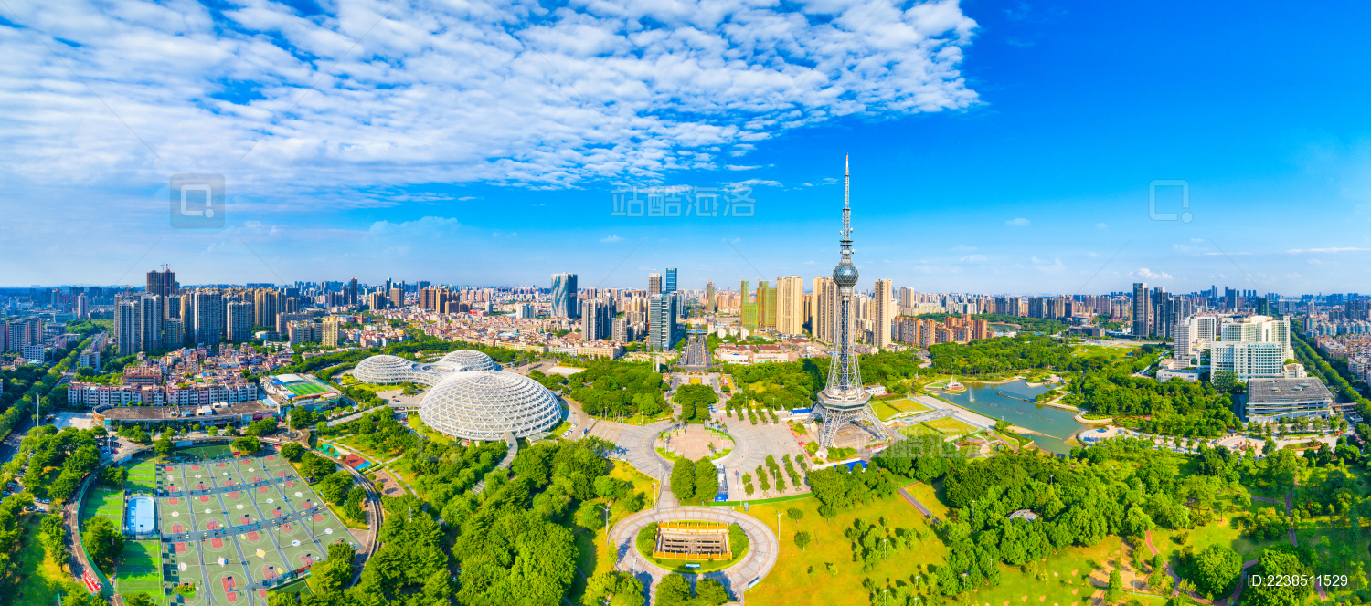 中国广东省佛山市文华公园航拍风光