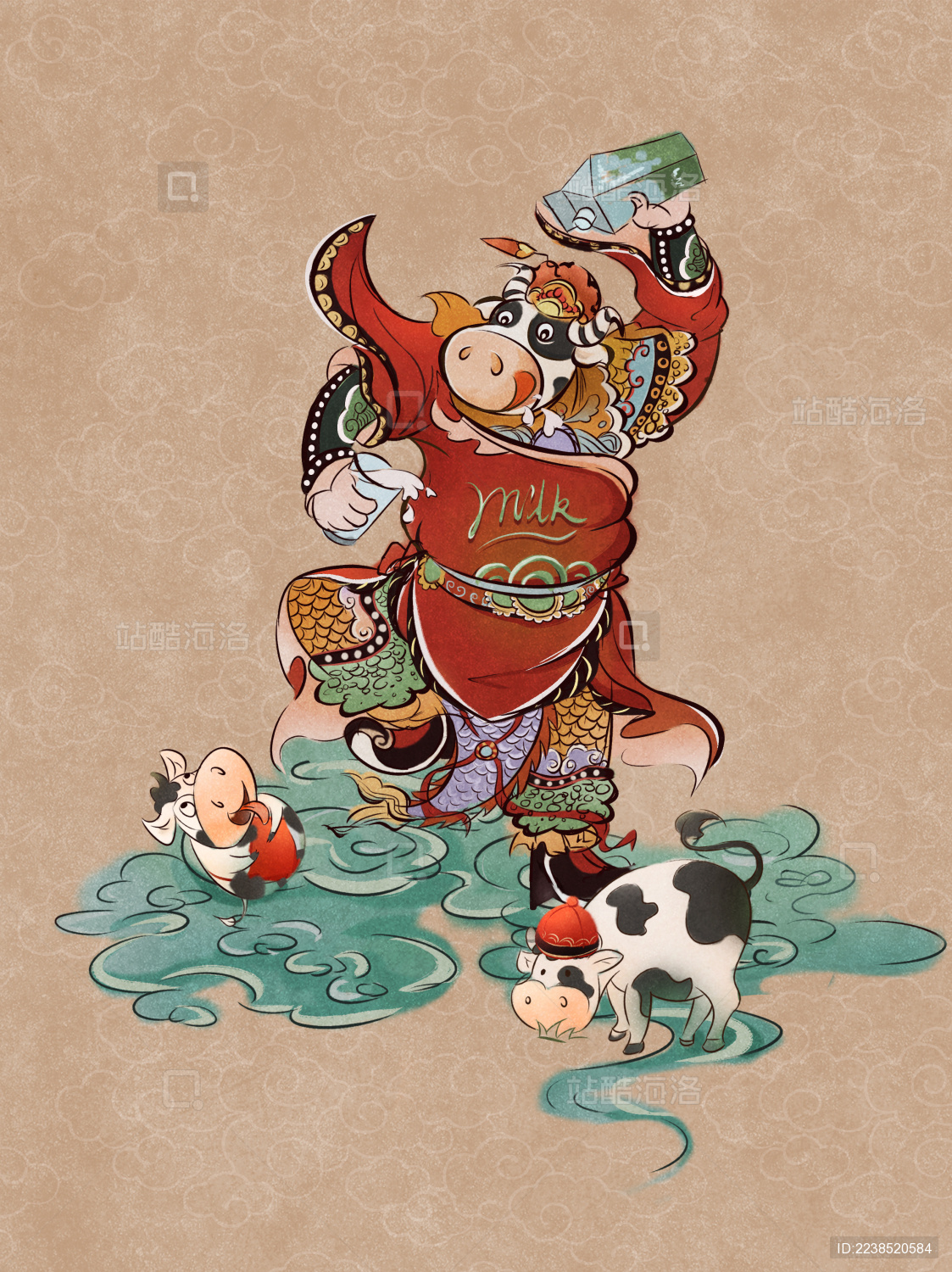 新年生肖牛门神喝牛奶
