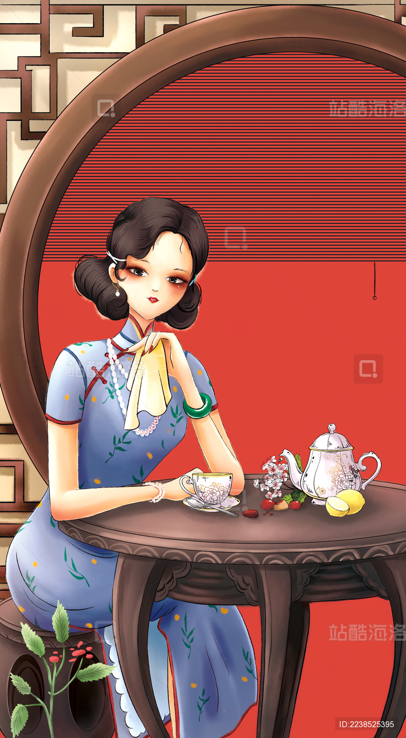 喝茶的古典女人