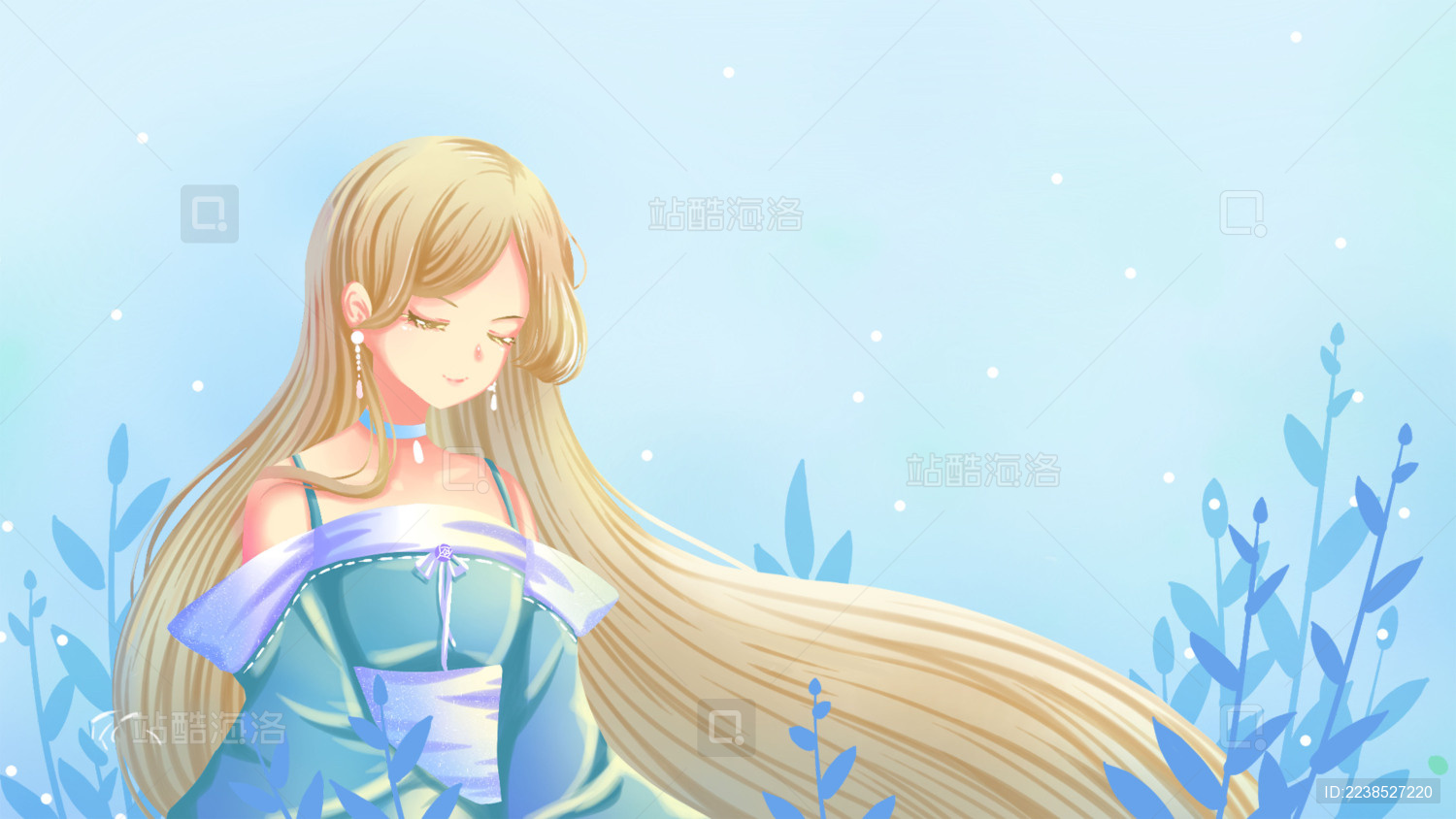 金色长发的美丽少女和蓝色的植物 唯美插画