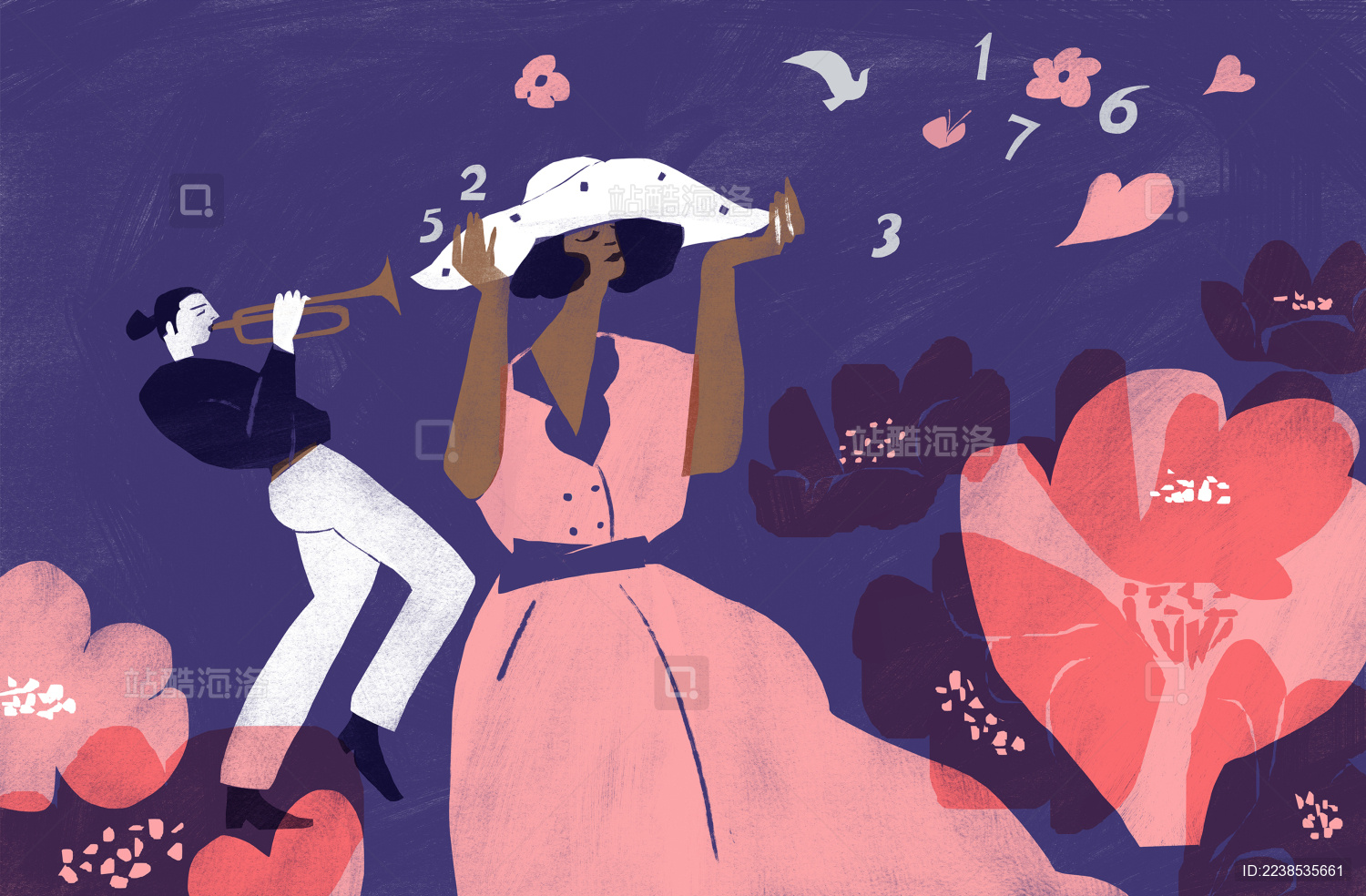 花丛中吹奏乐器的人和戴帽子的女士插画