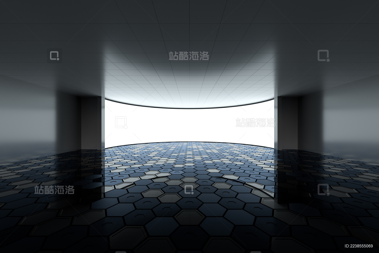 室内的白色曲面屏幕 3D渲染