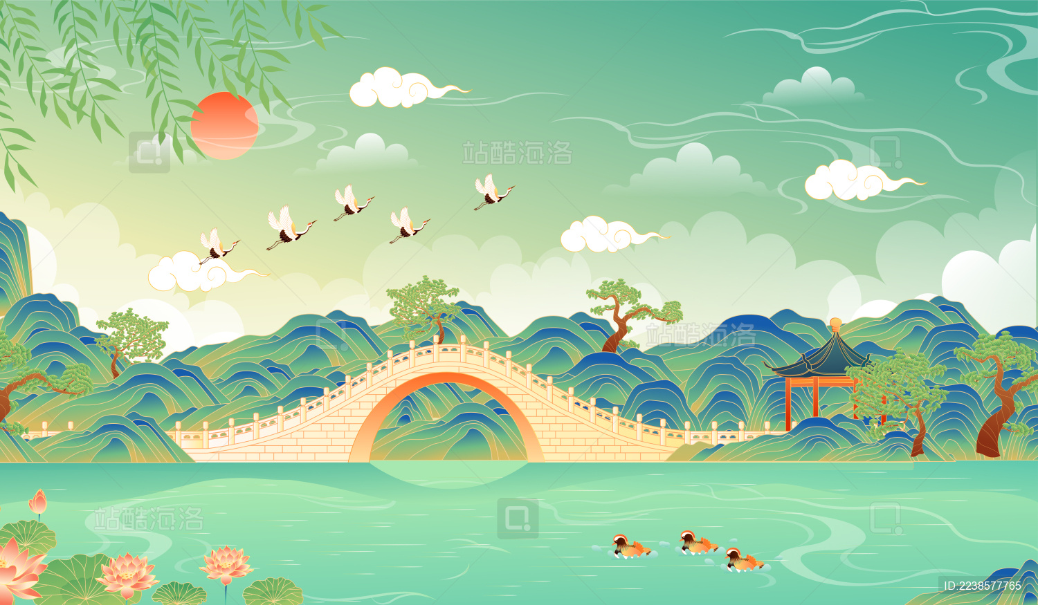 国潮风江苏扬州瘦西湖二十四桥矢量插画