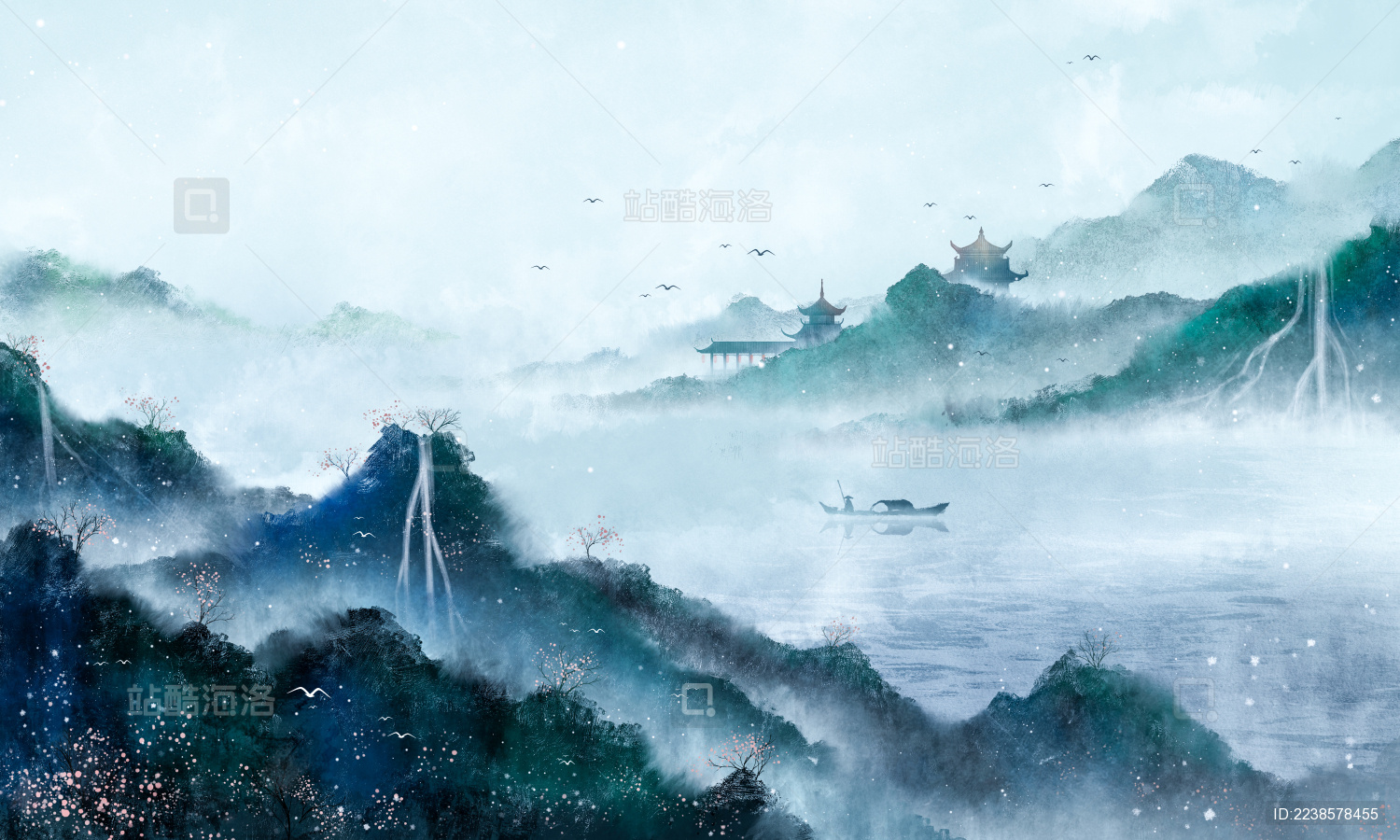 中国风春意盎然意境山水画