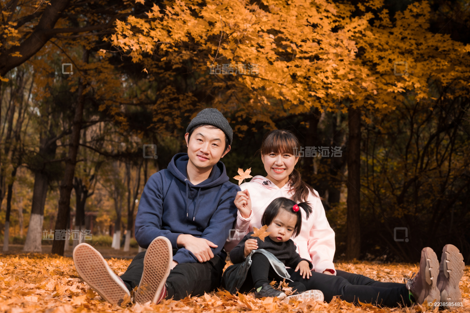 深秋在公园草地上的年轻父母和孩子