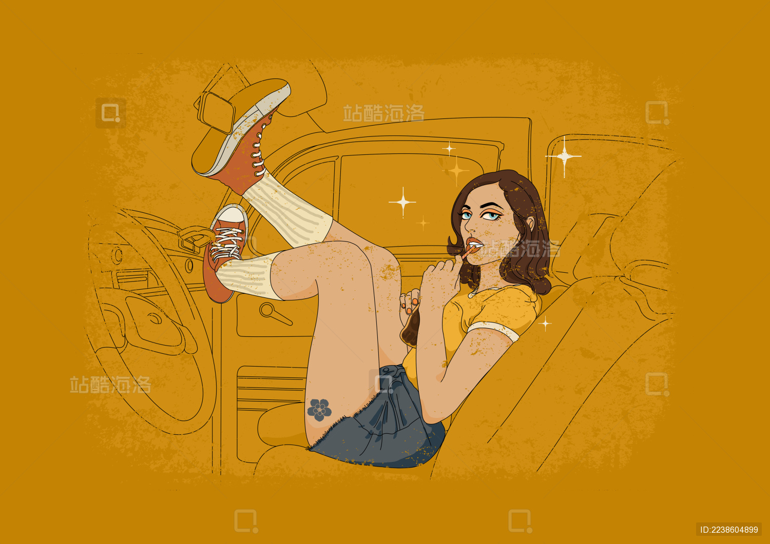复古少女车上喝汽水
