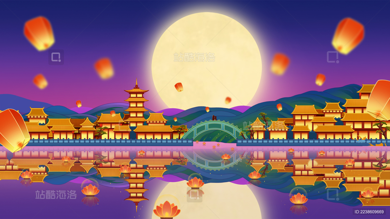 中秋节夜晚灯火插画