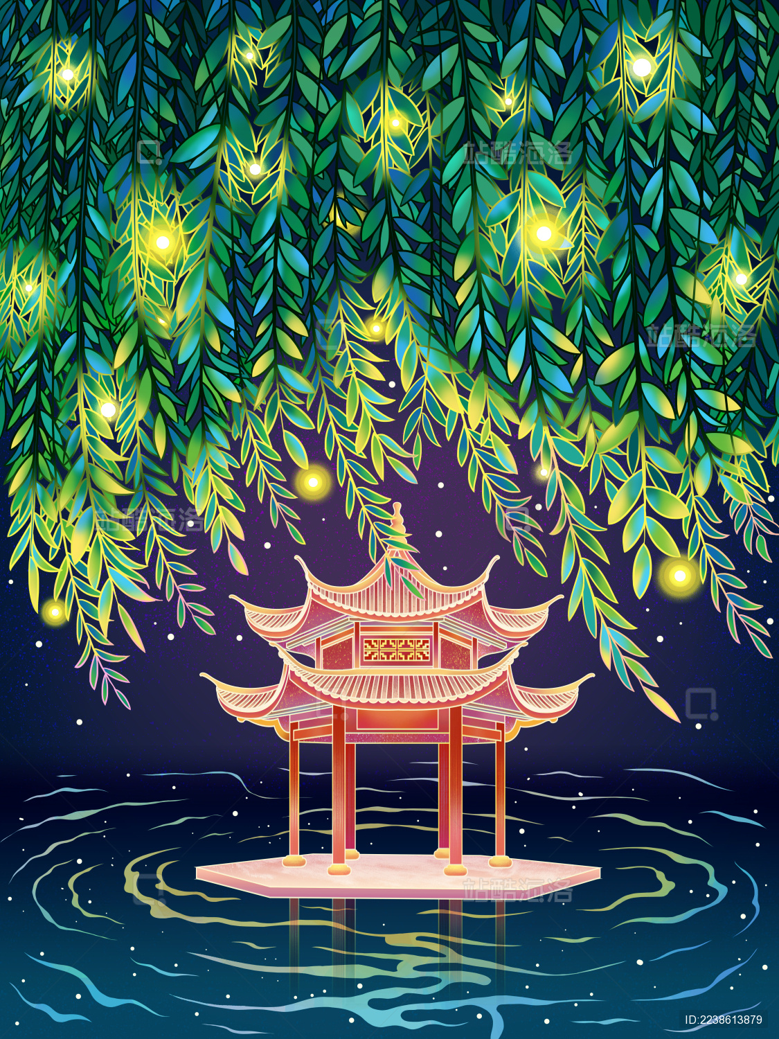 国风西湖柳树风景插画