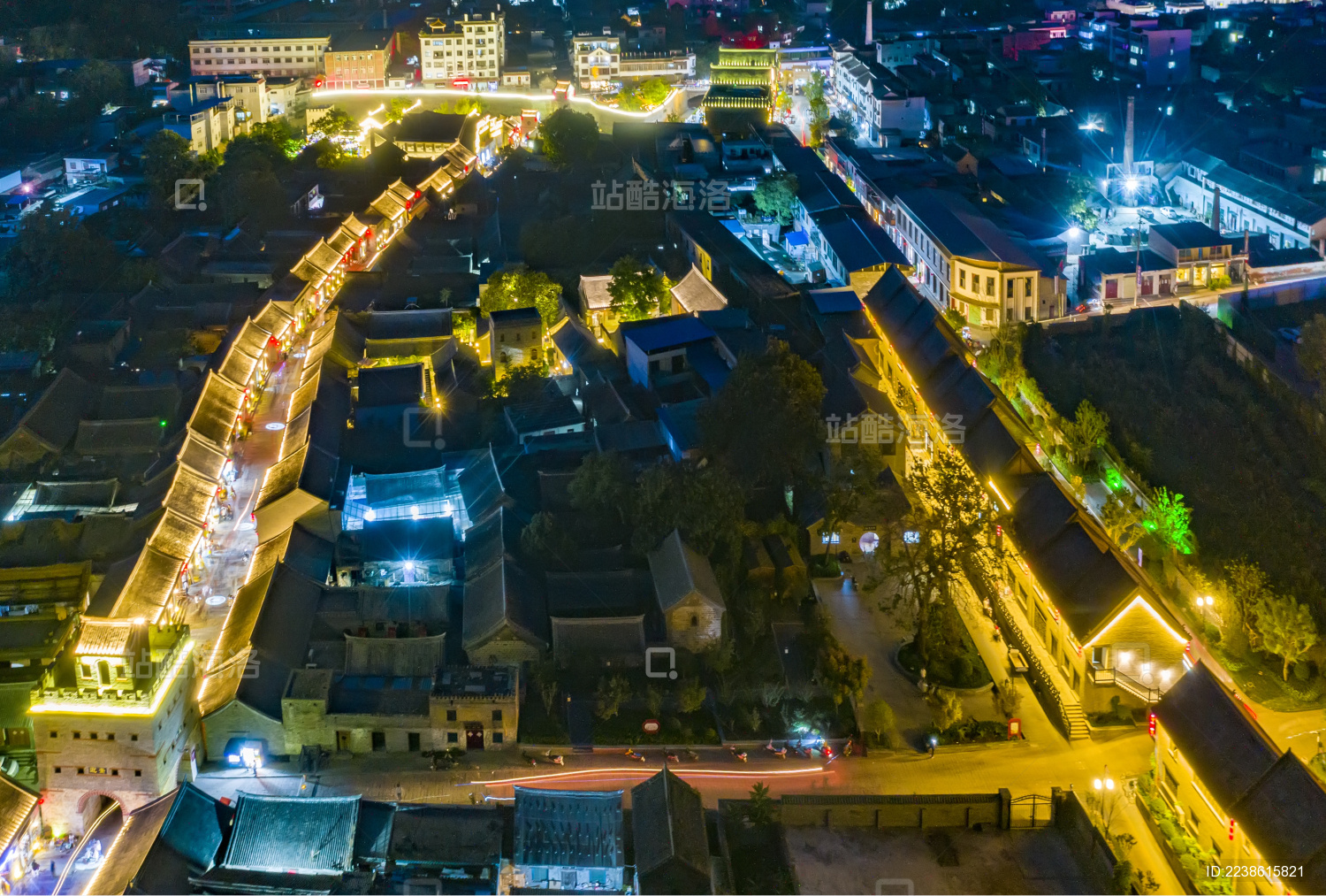 航拍中国河南省禹州市神垕镇老街景区夜景