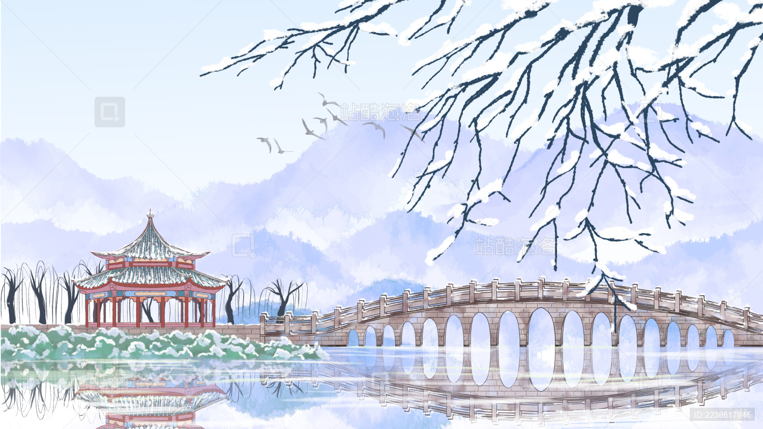 冬天北京颐和园十七孔桥中国风雪景水墨插画