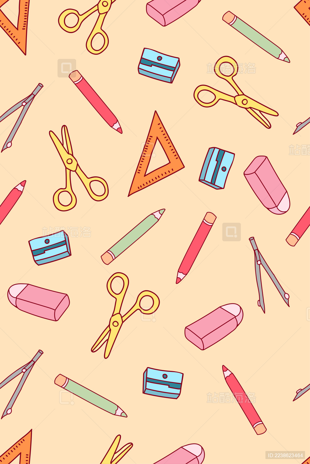 黄色背景学生学习文具矢量插画无缝平铺壁纸
