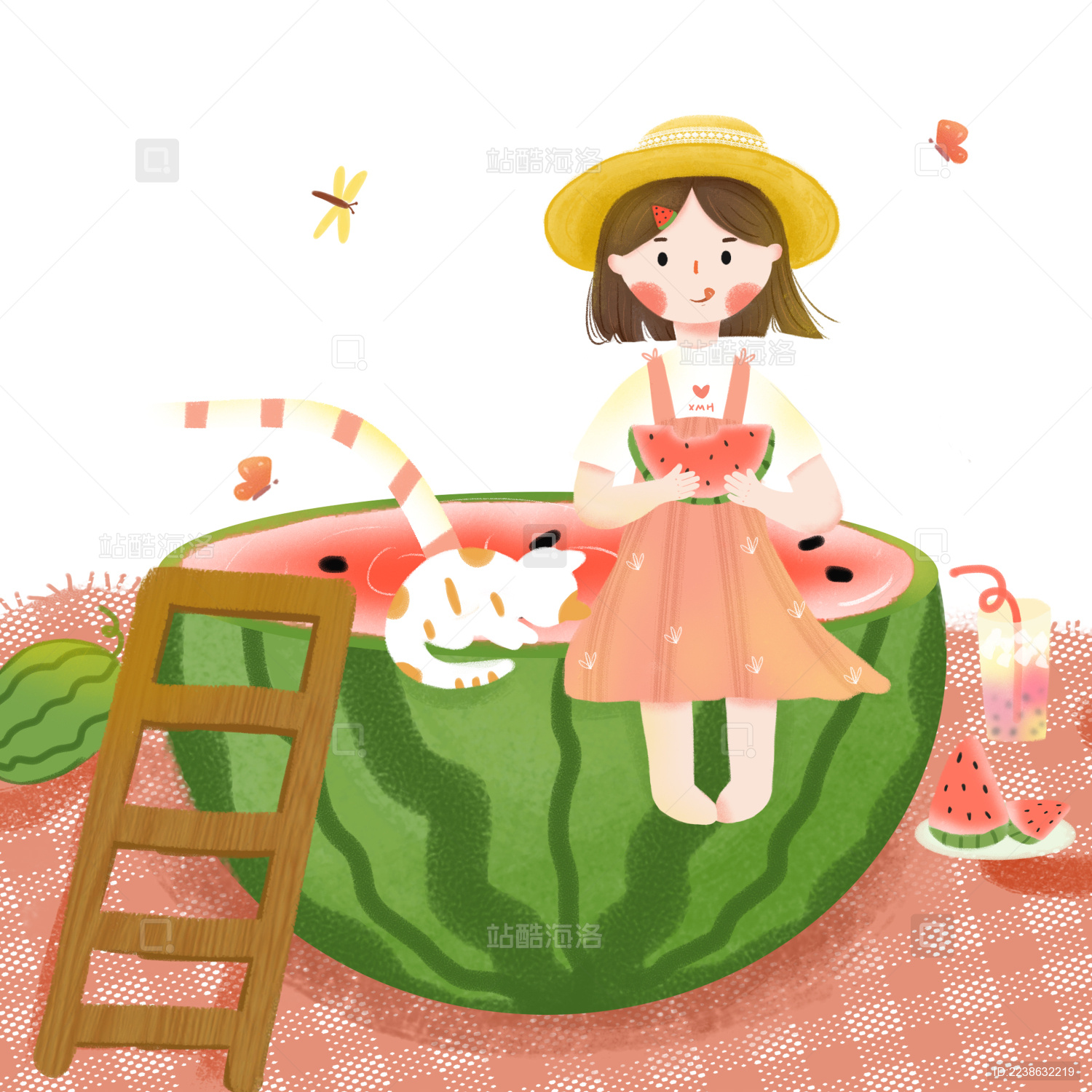 手绘吃西瓜的小女孩