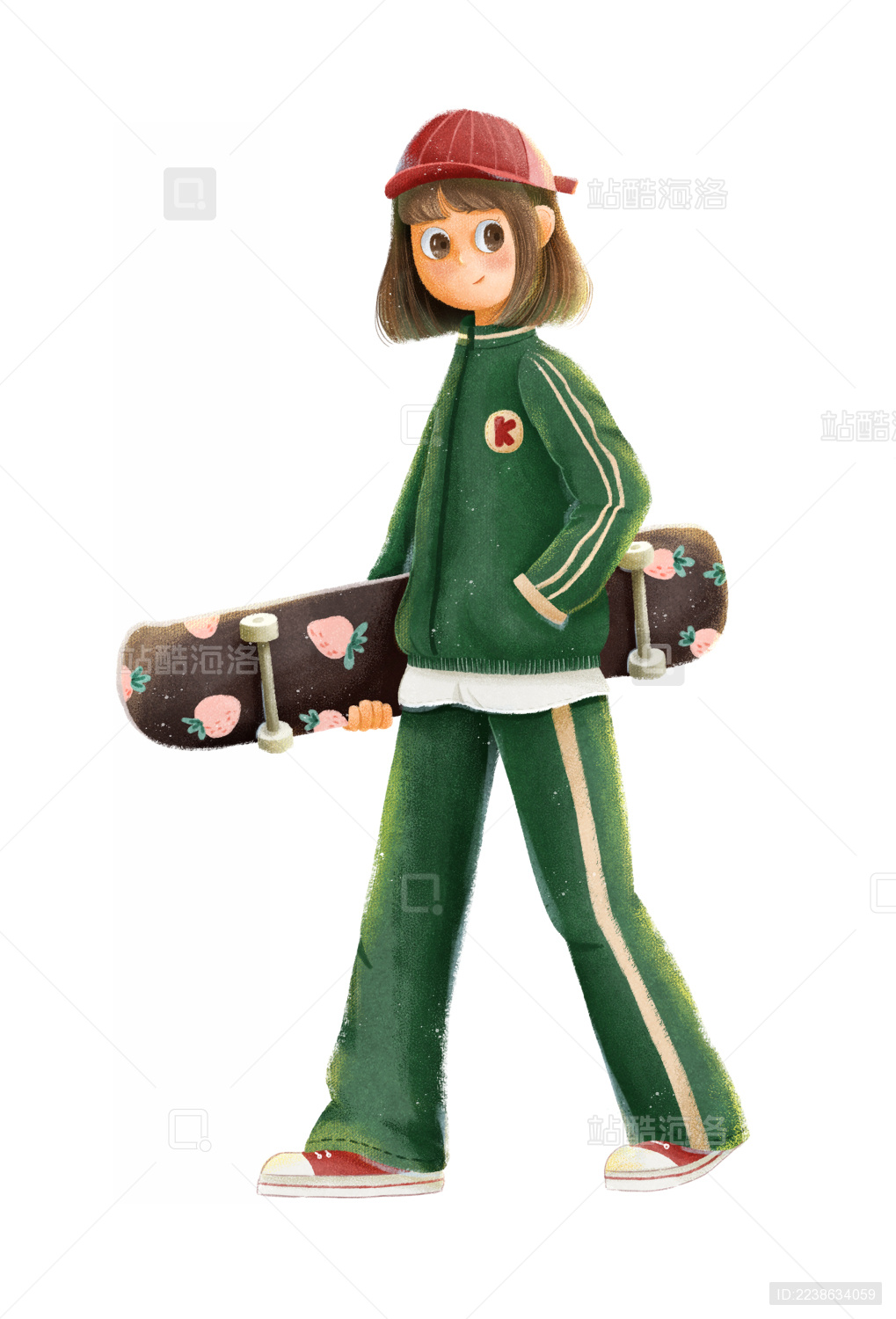 女孩穿着运动装拿着滑板