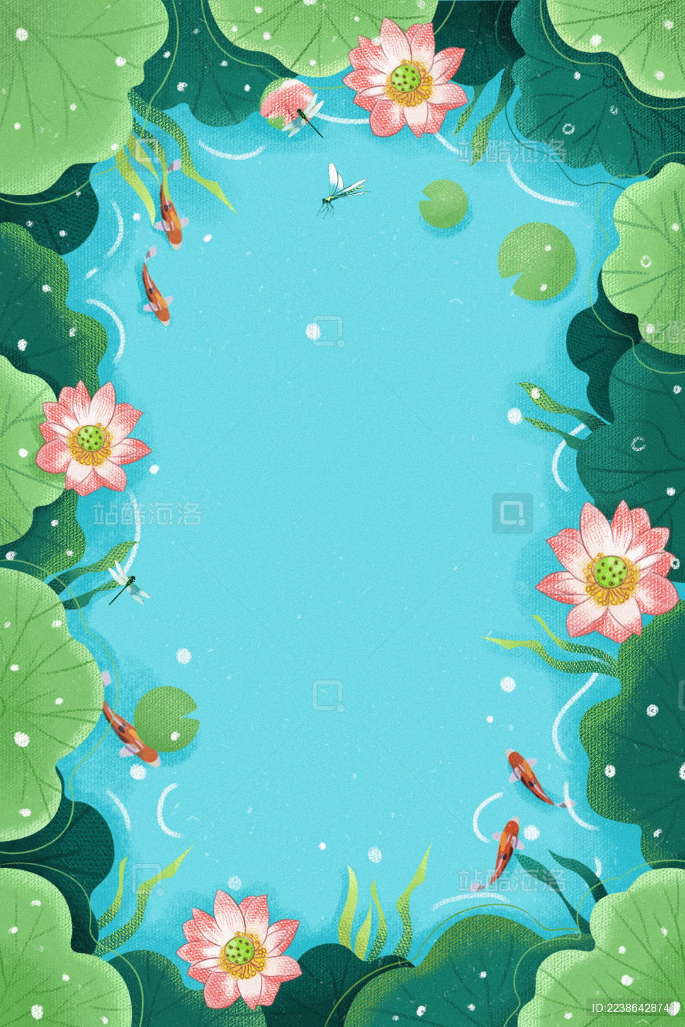 绿色夏天自然池塘荷叶插画