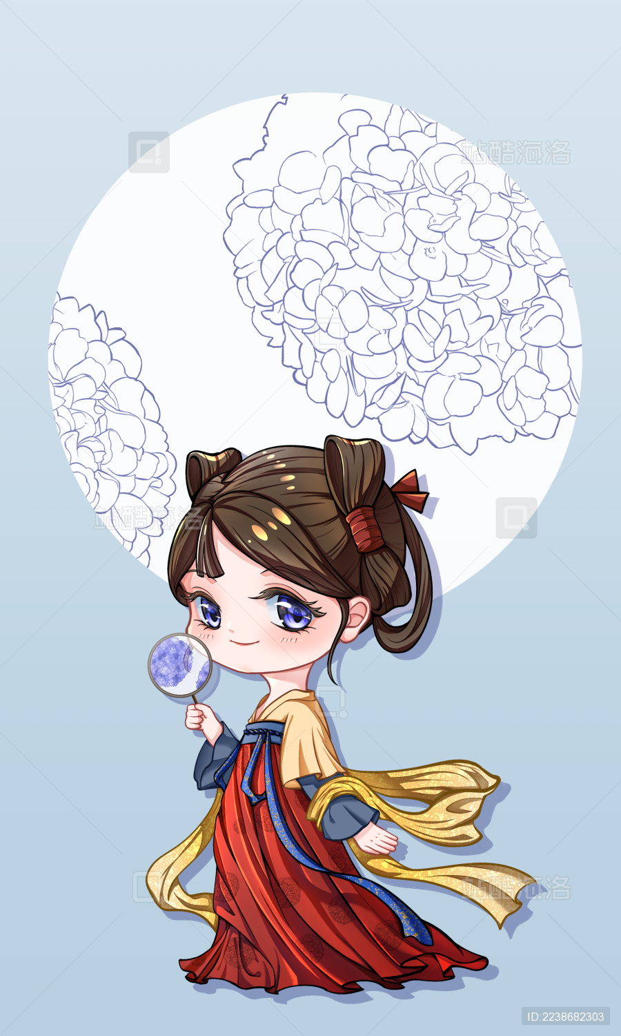 棕色头发穿红色齐胸汉服的小女孩