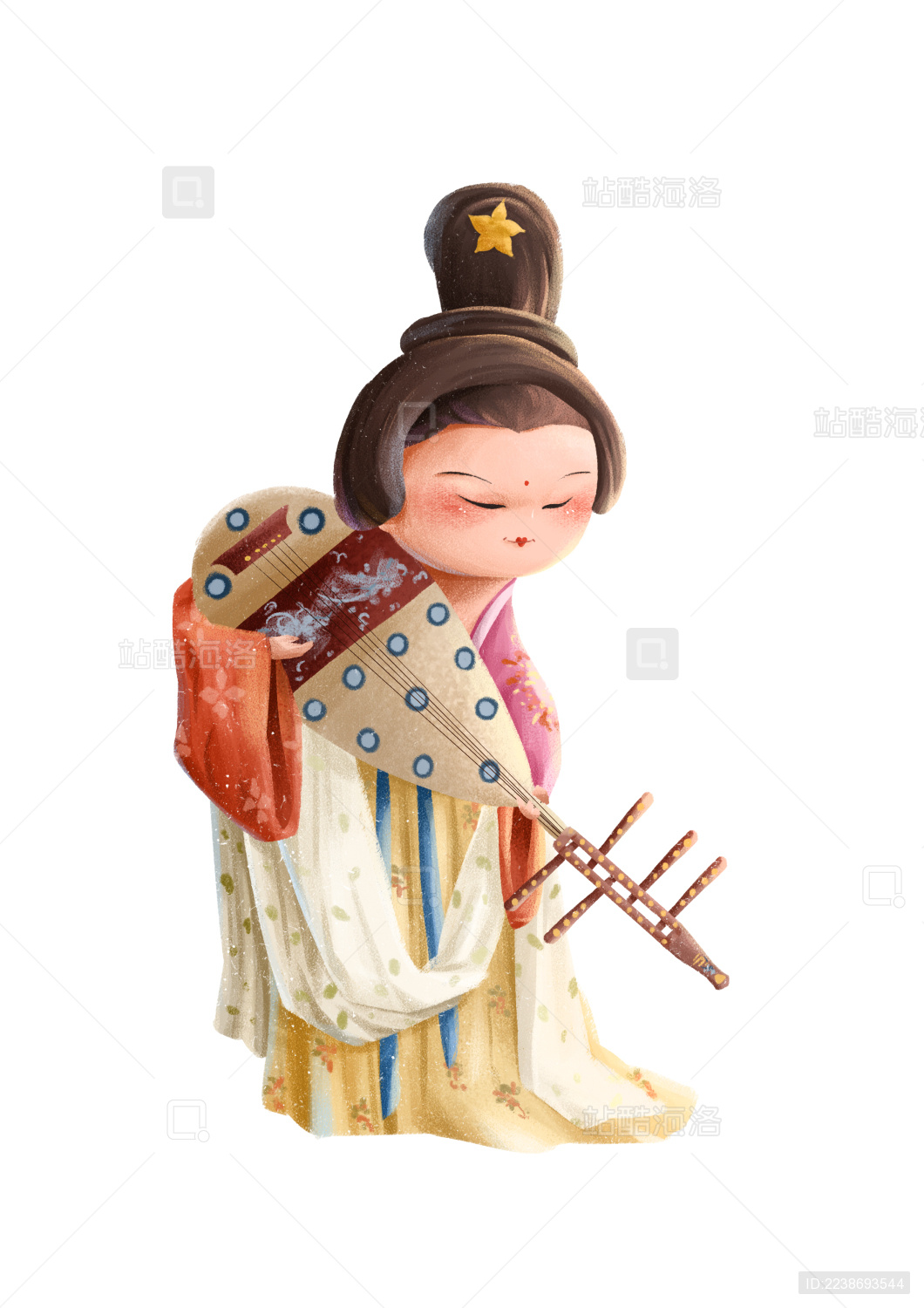 抱着乐器弹琴的国风仕女图