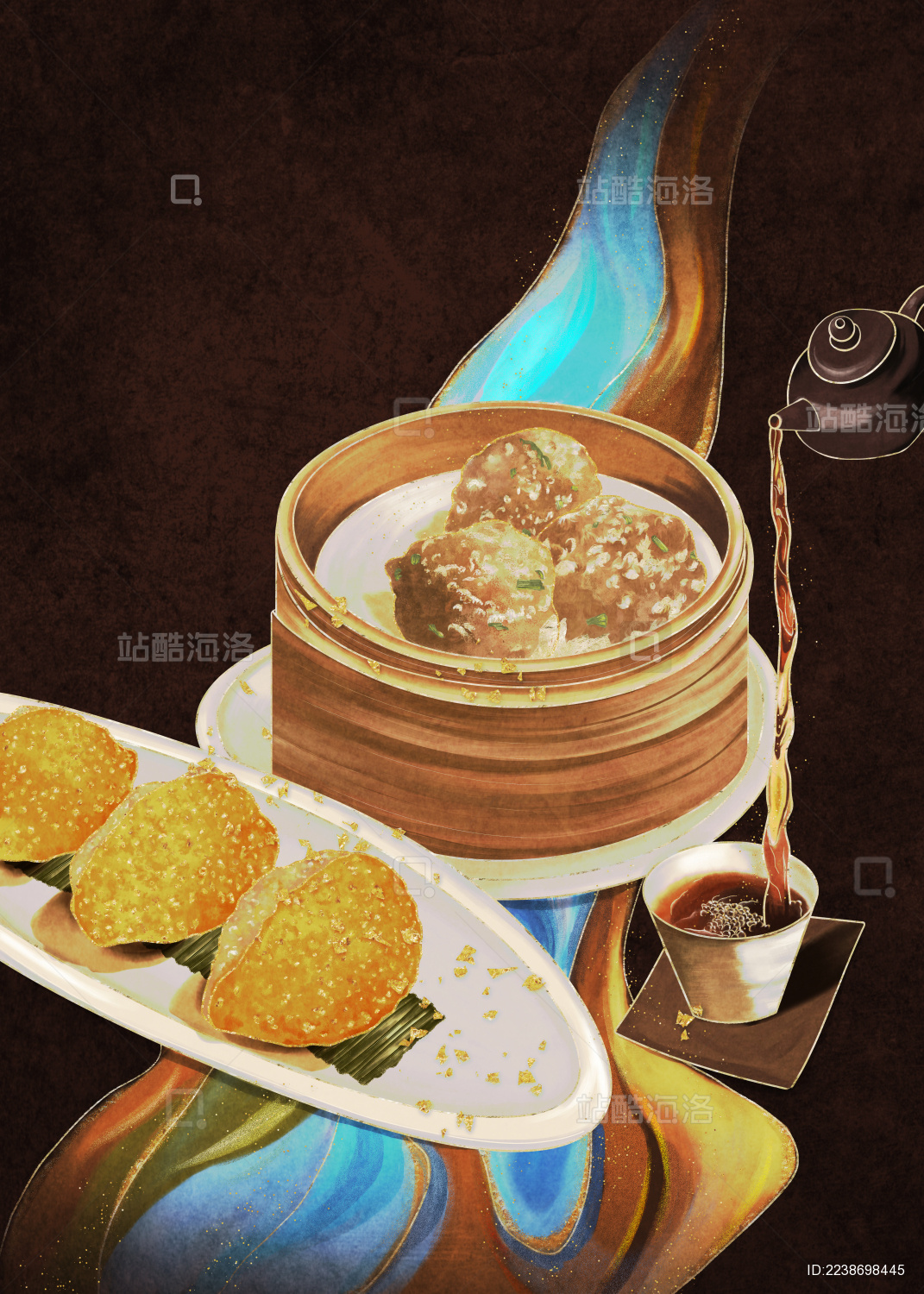 中式茶点炸饺子蒸肉丸美食插画