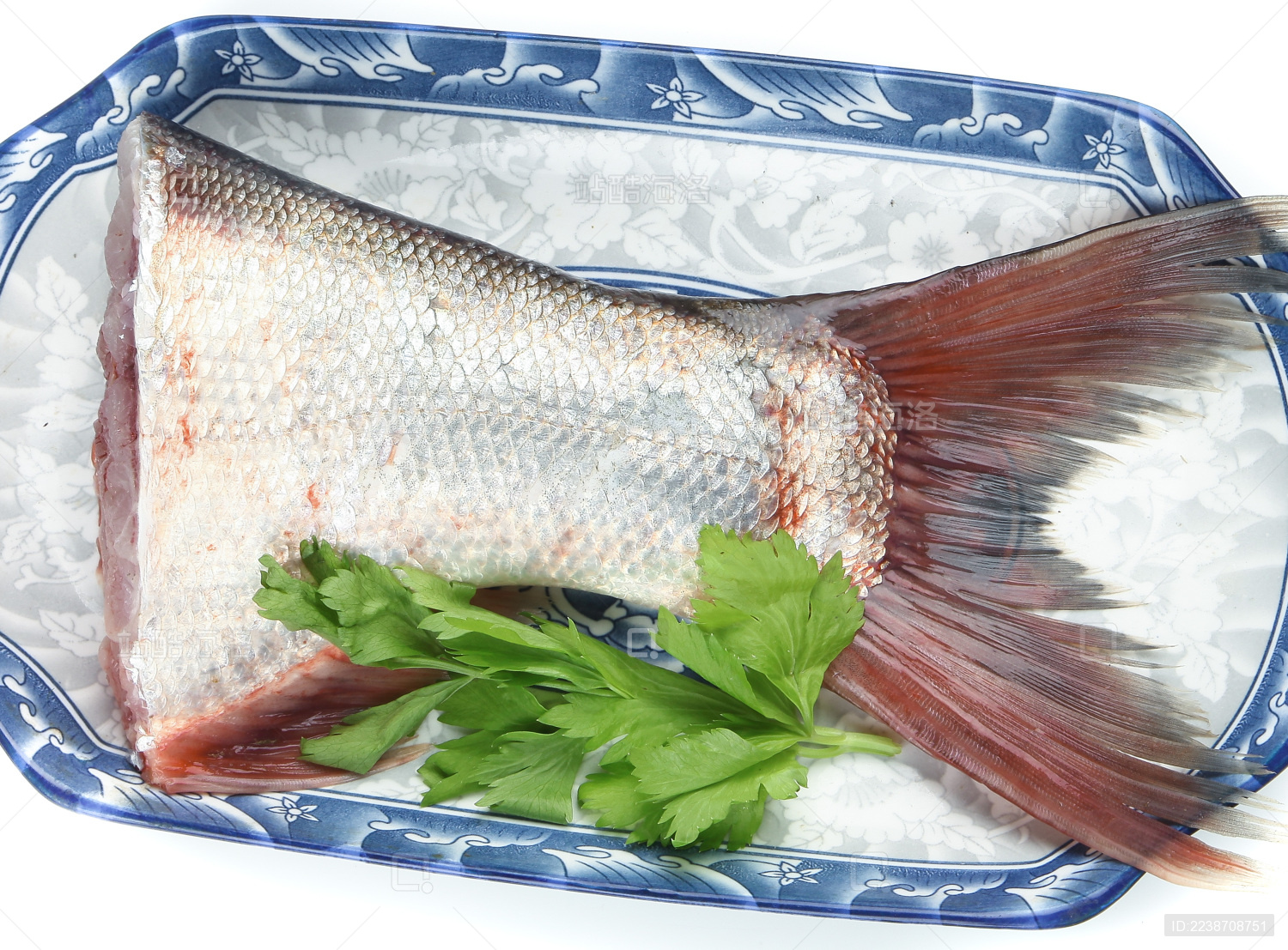 白底上盘子放着鲢鱼尾