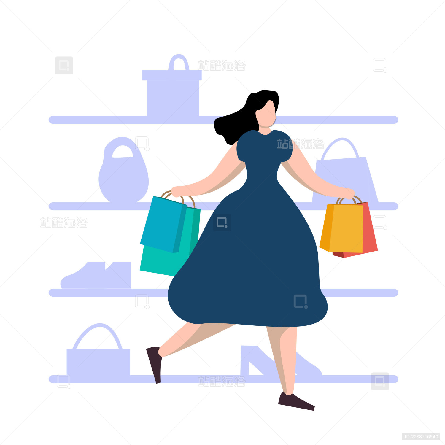 穿裙子的女生购物时拿着购物袋路过货柜