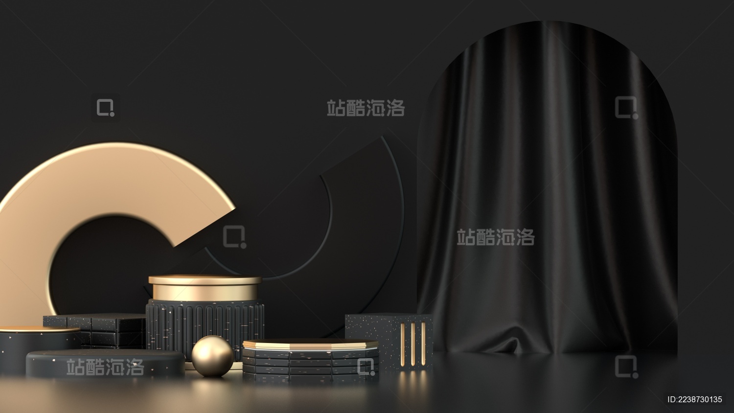 3D渲染黑金风格电商展台